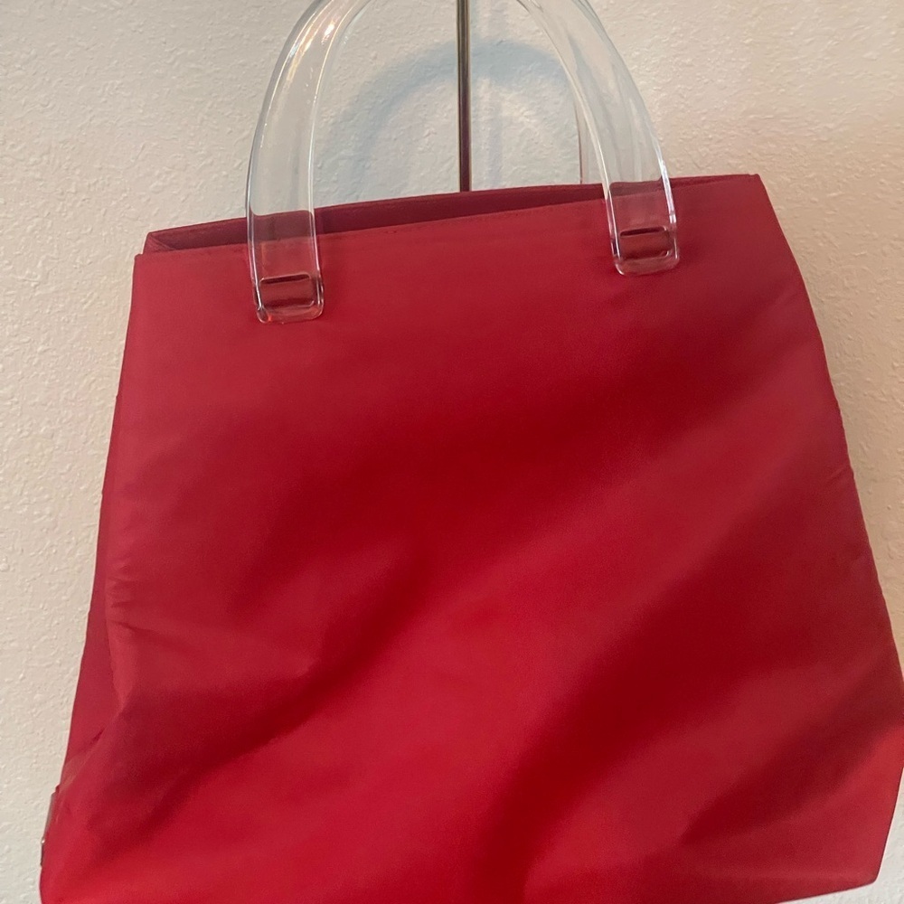 Prada Tesseto Nylon Triangle Red Tote with Transparent Handles - Picture 5 of 8